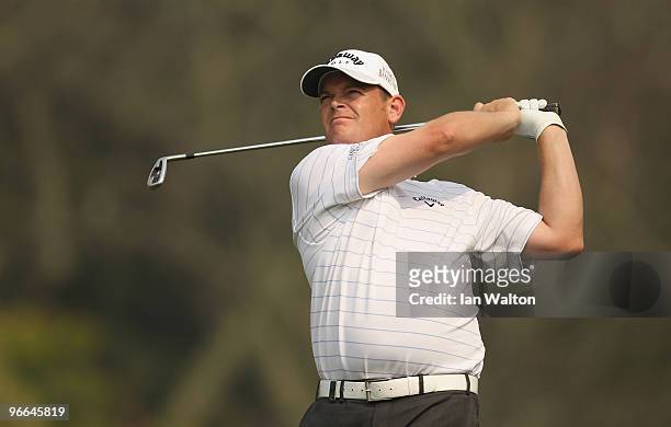 David Drysdale of Scotland in actionduring Round Three of the Avantha Masters held at The DLF Golf and Country Club on February 13, 2010 in New...