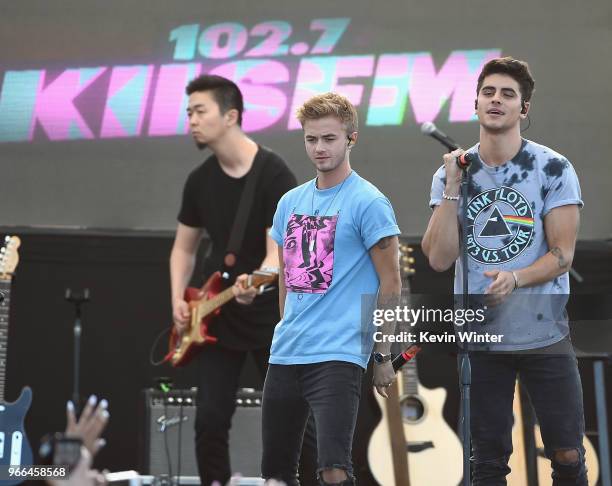 Jack Gilinsky and Jack Johnson of Jack & Jack perform live during the KIIS FM Wango Tango Village at the 2018 iHeartRadio Wango Tango by AT&T in Los...