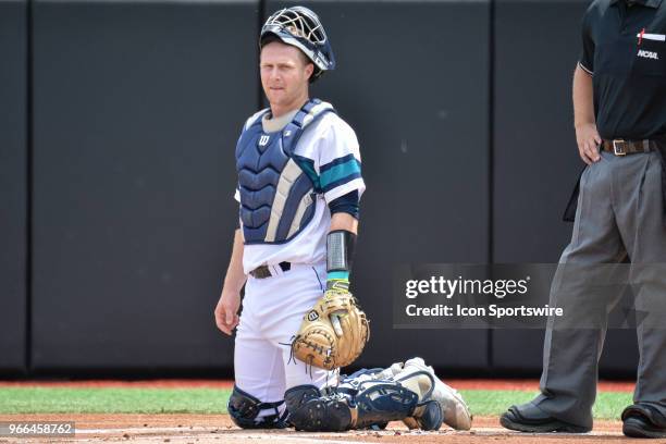 Wilmington catcher Ryan Jeffers behind the plate during the NCAA Baseball Greenville Regional between the Ohio State Buckeyes and the UNC Wilmington...