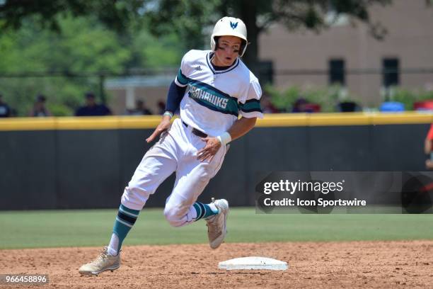 Wilmington outfielder Noah Bridges rounds second after getting a hit during the NCAA Baseball Greenville Regional between the Ohio State Buckeyes and...