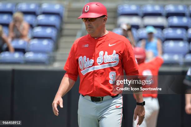 Ohio State head coach Greg Beals walks to third base during the NCAA Baseball Greenville Regional between the Ohio State Buckeyes and the UNC...