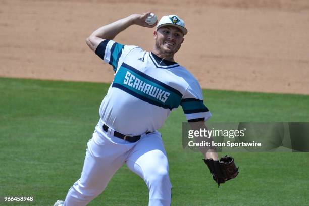 Wilmington outfielder Clark Cota throws a pitch during the NCAA Baseball Greenville Regional between the Ohio State Buckeyes and the UNC Wilmington...