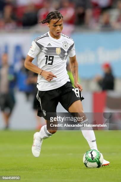 Leroy Sane of Germany runs with the ball during the International Friendly match between Austria and Germany at Woerthersee Stadion on June 2, 2018...