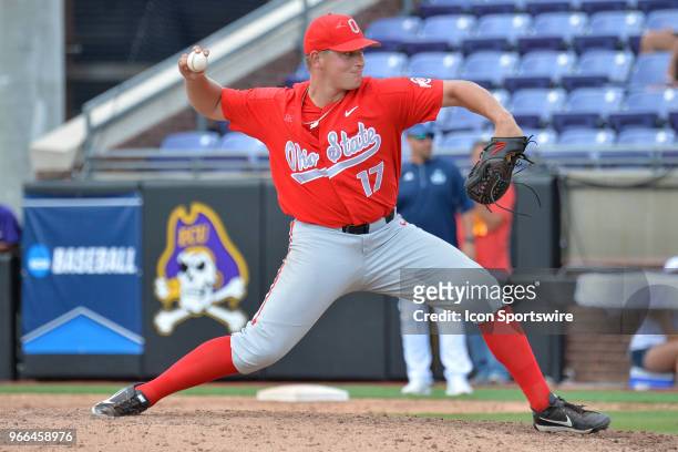 Ohio State pitcher Seth Kinker throws a pitch during the NCAA Baseball Greenville Regional between the Ohio State Buckeyes and the UNC Wilmington...