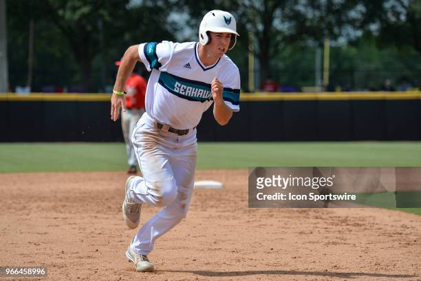 Wilmington pitcher Levi Gesell pinch runs during the NCAA Baseball Greenville Regional between the Ohio State Buckeyes and the UNC Wilmington...