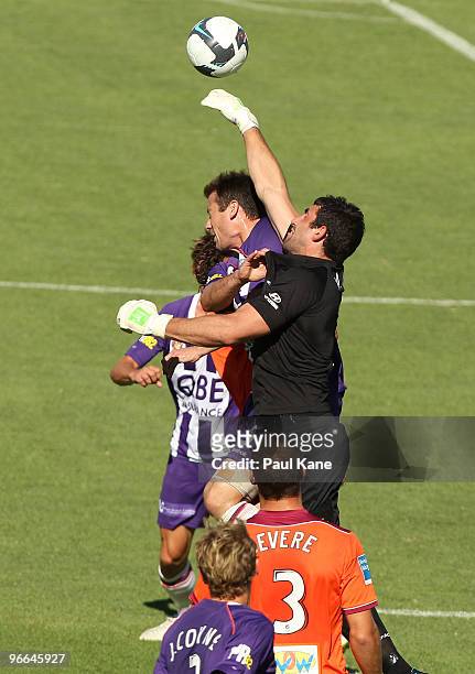 Matthew Ham of the Roar punches the ball clear during the round 27 A-League match between Perth Glory and Brisbane Roar at ME Bank Stadium on...