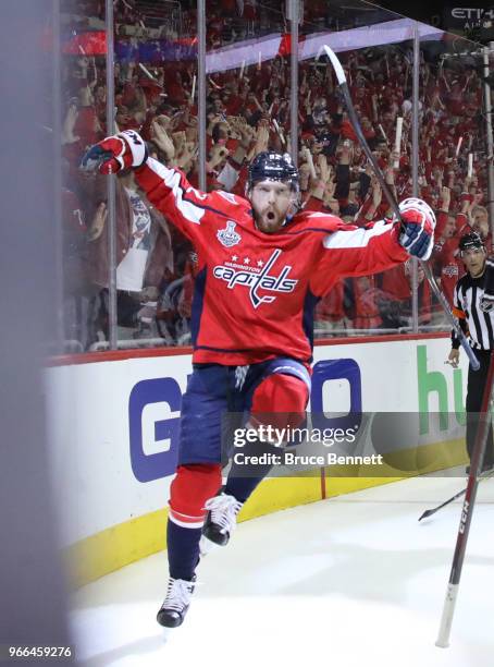 Evgeny Kuznetsov of the Washington Capitals celebrates his second-period goal against the Vegas Golden Knights in Game Three of the 2018 NHL Stanley...