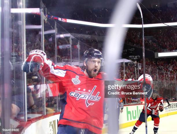 Evgeny Kuznetsov of the Washington Capitals celebrates his second-period goal against the Vegas Golden Knights in Game Three of the 2018 NHL Stanley...