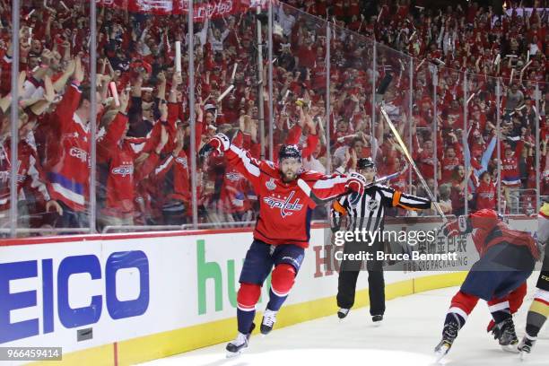 Evgeny Kuznetsov of the Washington Capitals celebrates his second-period goal against the Vegas Golden Knights in Game Three of the 2018 NHL Stanley...