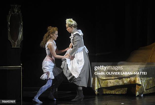 British actress Rebecca Bottone and British mezzo-soprano Francesca Jackson perform during the rehearsal of the play "A Little Night Music" by US...