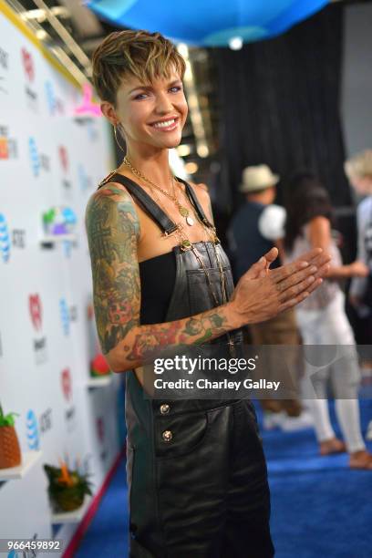 Ruby Rose arrives at the 2018 iHeartRadio Wango Tango by AT&T at Banc of California Stadium on June 2, 2018 in Los Angeles, California.