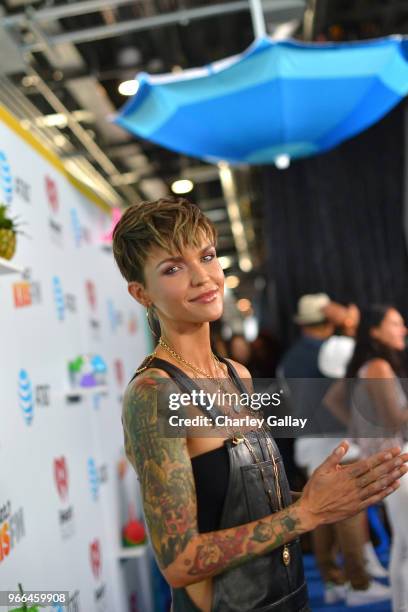 Ruby Rose arrives at the 2018 iHeartRadio Wango Tango by AT&T at Banc of California Stadium on June 2, 2018 in Los Angeles, California.