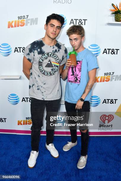 Jack Gilinsky and Jack Johnson of music group Jack & Jack attend iHeartRadio's KIIS FM Wango Tango by AT&T at Banc of California Stadium on June 2,...