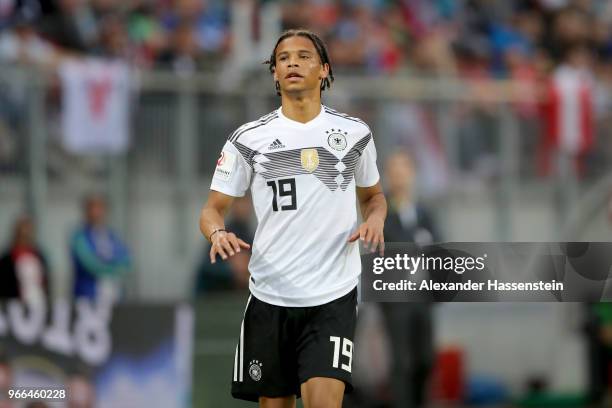 Leroy Sane of Germany looks on during the International Friendly match between Austria and Germany at Woerthersee Stadion on June 2, 2018 in...