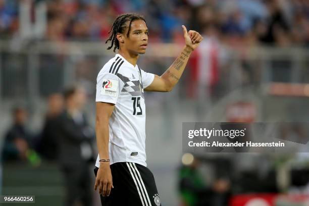 Leroy Sane of Germany reacts during the International Friendly match between Austria and Germany at Woerthersee Stadion on June 2, 2018 in...
