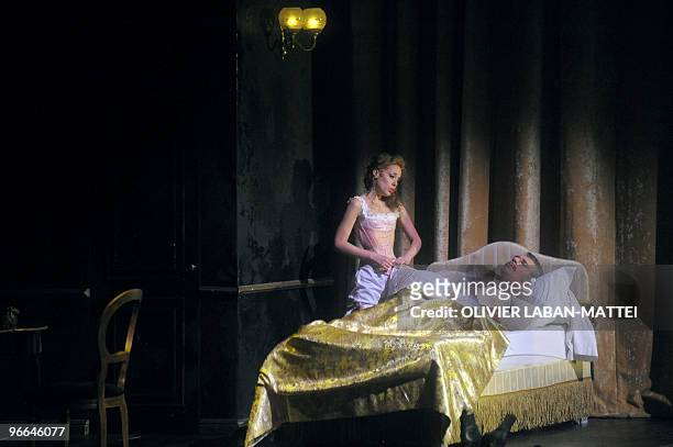 French actor Lambert Wilson and British actress Rebecca Bottone perform during the rehearsal of the play "A Little Night Music" by US composer and...