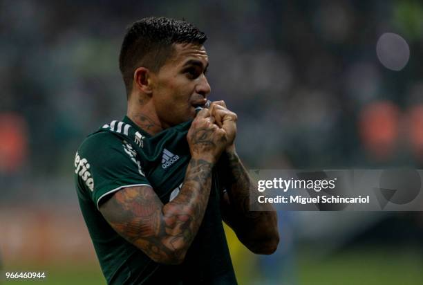Dudu of Palmeiras celebrates his goal during a match between Palmeiras and Sao Paulo for the Brasileirao Series A 2018 at Allianz Parque Stadium on...