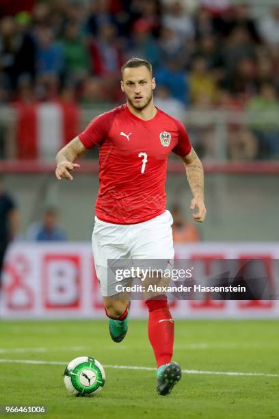 Marko Arnautovic of Austria runs with the ball during the International Friendly match between Austria and Germany at Woerthersee Stadion on June 2,...