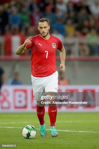 Marko Arnautovic of Austria runs with the ball during the International Friendly match between Austria and Germany at Woerthersee Stadion on June 2,...