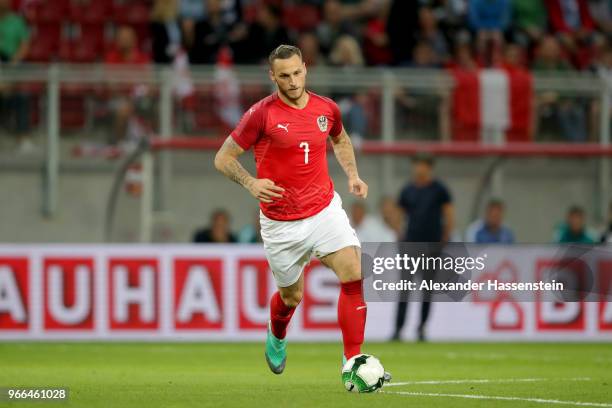 Marko Arnautovic of Austria runs with the ball during the International Friendly match between Austria and Germany at Woerthersee Stadion on June 2,...