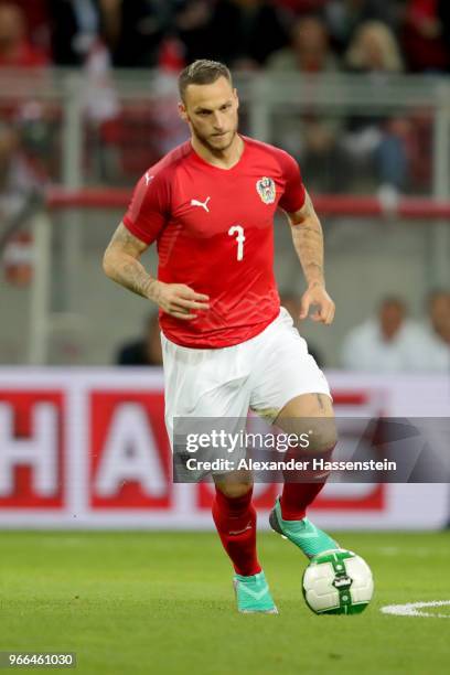 Marko Arnautovic of Austria runs with the ball during the International Friendly match between Austria and Germany at Woerthersee Stadion on June 2,...