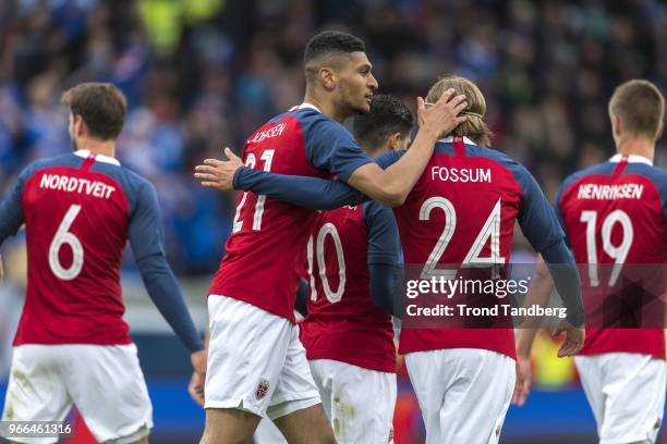 Bjorn Maars Johnsen, Iver Fossum of Norway celebrate goal during International Friendly between Iceland v Norway at Laugardalsvollur National Stadium...