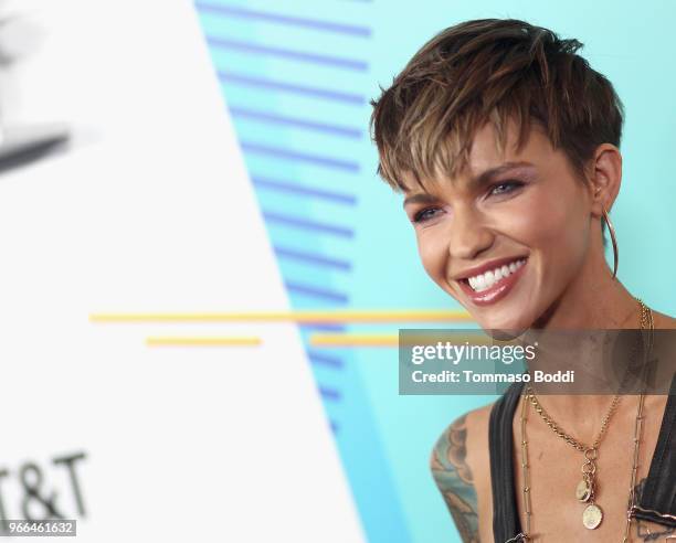 Ruby Rose arrives at the 2018 iHeartRadio Wango Tango by AT&T at Banc of California Stadium on June 2, 2018 in Los Angeles, California.