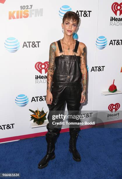 Ruby Rose arrives at the 2018 iHeartRadio Wango Tango by AT&T at Banc of California Stadium on June 2, 2018 in Los Angeles, California.