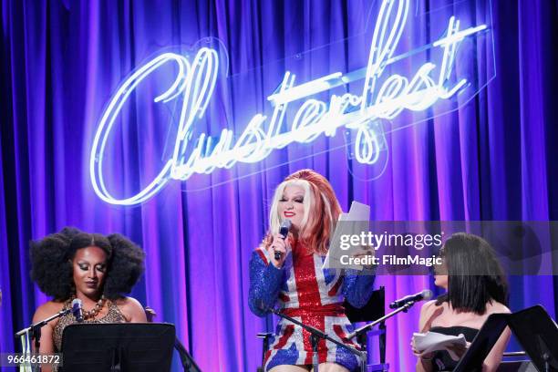 Honey Mahogany, Jinkx Monsoon and Alaska Thunderfuck, perform onstage during 'Clusterfilm Series Spice World: The 20th Anniversary Live Read...