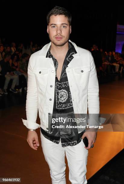 William Valdes is seen front row at the Custo Barcelona fashion show during Miami Fashion Week 2018 at Ice Palace Studios on June 2, 2018 in Miami,...