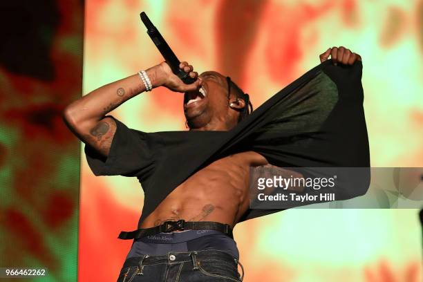 Travis Scott performs onstage during Day 2 of 2018 Governors Ball Music Festival at Randall's Island on June 2, 2018 in New York City.