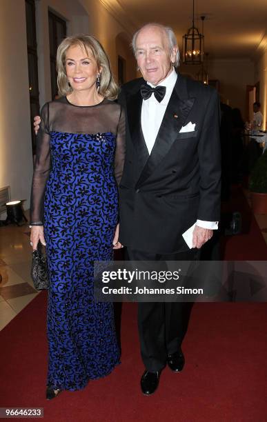 Renate Thyssen-Henne and Ernst Theodor Henne arrive for the Hubert Burda Birthday Reception at Munich royal palace on February 12, 2010 in Munich,...