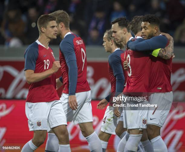 Joshua King, Stefan Johansen, Markus Henriksen, Ole Kristian Selnaes, Iver Fossum of Norway celebrate goal during International Friendly between...