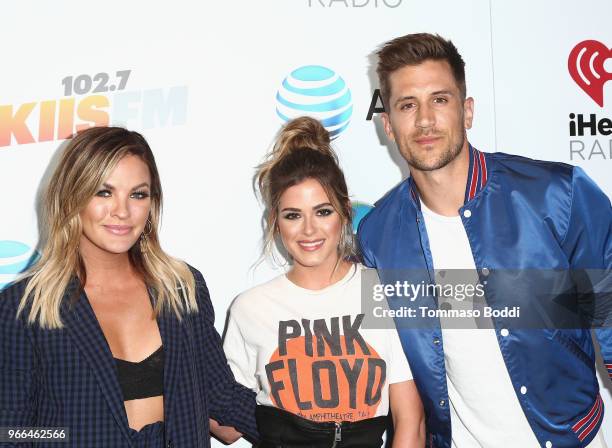 Becca Tilley, JoJo Fletcher and Jordan Rodgers arrive at the 2018 iHeartRadio Wango Tango by AT&T at Banc of California Stadium on June 2, 2018 in...