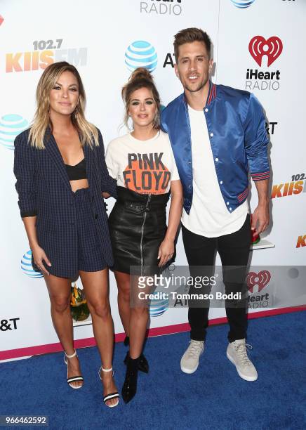 Becca Tilley, JoJo Fletcher and Jordan Rodgers arrive at the 2018 iHeartRadio Wango Tango by AT&T at Banc of California Stadium on June 2, 2018 in...