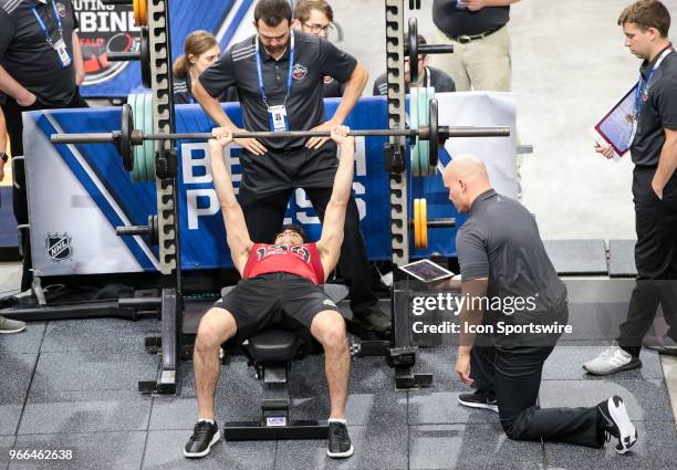 Joseph Veleno completes the bench press test during the NHL Scouting Combine on June 2, 2018 at HarborCenter in Buffalo, New York.