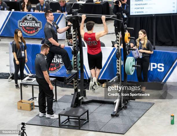 Joseph Veleno completes the pull ups test during the NHL Scouting Combine on June 2, 2018 at HarborCenter in Buffalo, New York.