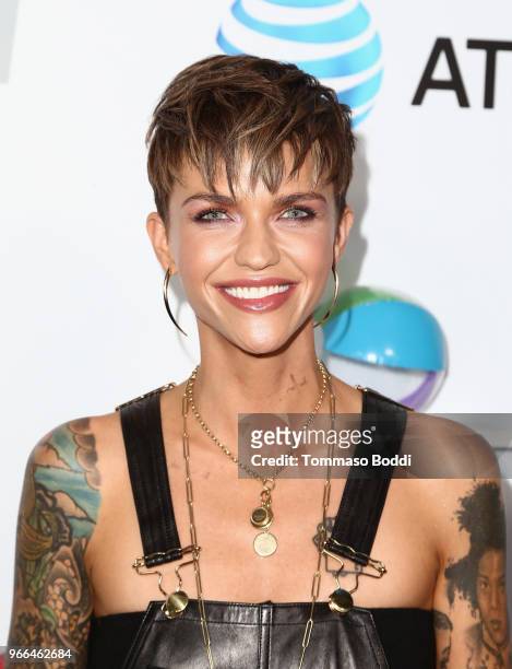 Ruby Rose arrives at the 2018 iHeartRadio Wango Tango by AT&T at Banc of California Stadium on June 2, 2018 in Los Angeles, California.