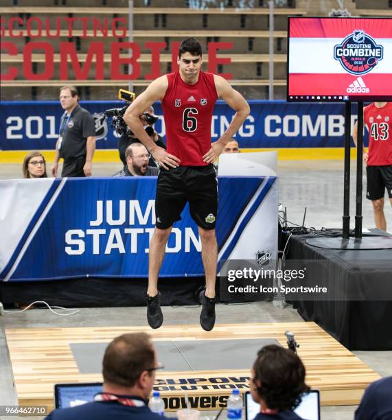 Kevin Mandolese completes the standing jump test during the NHL Scouting Combine on June 2, 2018 at HarborCenter in Buffalo, New York.