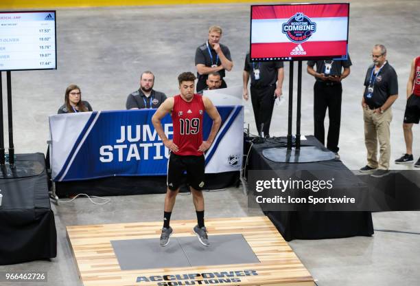Benoit-Oliver Groulx completes the standing jump test during the NHL Scouting Combine on June 2, 2018 at HarborCenter in Buffalo, New York.