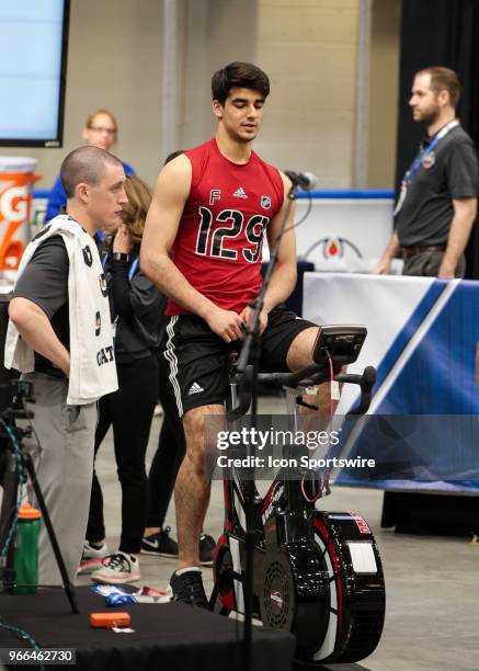 Benoit-Oliver Groulx completes the pro agility test during the NHL Scouting Combine on June 2, 2018 at HarborCenter in Buffalo, New York.