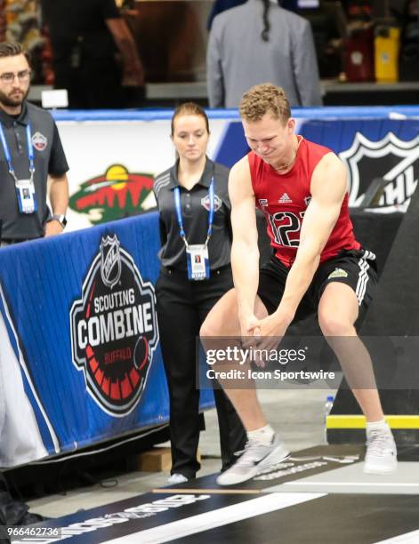 Brady Tkachuk completes the long jump test during the NHL Scouting Combine on June 2, 2018 at HarborCenter in Buffalo, New York.