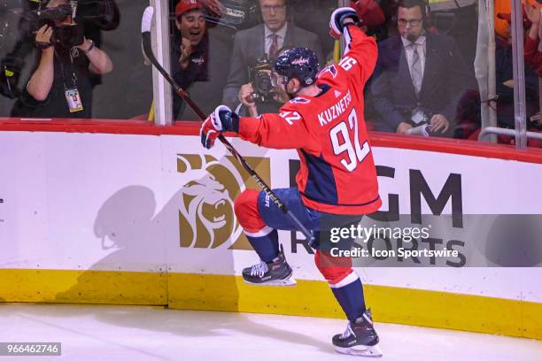 Washington Capitals center Evgeny Kuznetsov reacts after scoring a second period goal against the Vegas Golden Knights on June 2 at the Capital One...