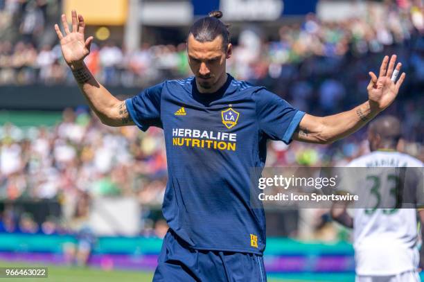 Galaxy forward Zlatan Ibrahimovic is brought to the pitch the last 10 minutes of the 1-1 draw of the LA Galaxy and the Portland Timbers on June 2 at...