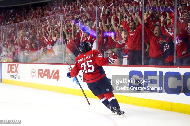 Devante Smith-Pelly of the Washington Capitals reacts after scoring a goal against the Vegas Golden Knights during the third period in Game Three of...