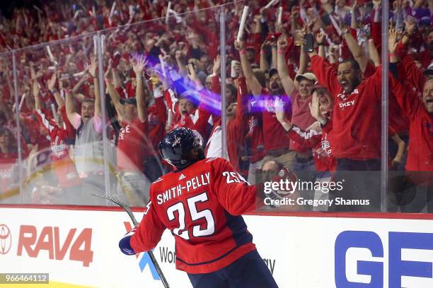 Devante Smith-Pelly of the Washington Capitals reacts after scoring a goal against the Vegas Golden Knights during the third period in Game Three of...