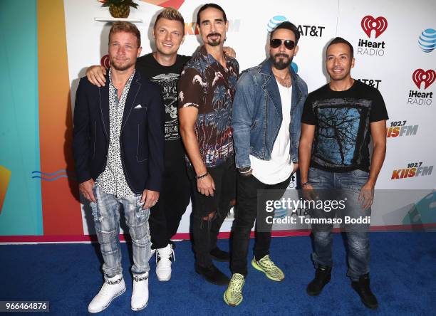 Brian Littrell, Nick Carter, Kevin Richardson, AJ McLean and Howie Dorough of the Backstreet Boys arrive at the 2018 iHeartRadio Wango Tango by AT&T...