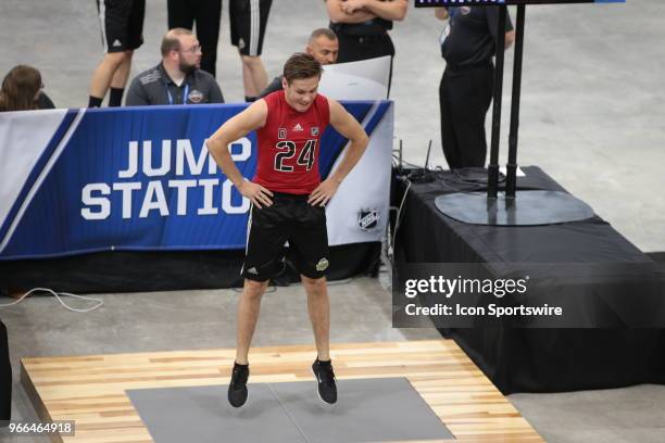 Ty Smith completes the standing jump test during the NHL Scouting Combine on June 2, 2018 at HarborCenter in Buffalo, New York.