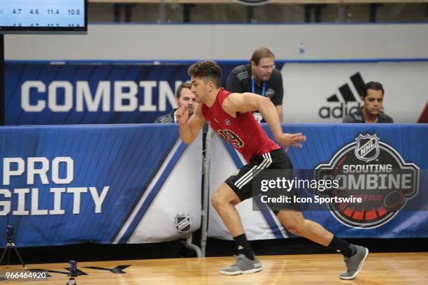 Benoit-Oliver Groulx completes the pro agility test during the NHL Scouting Combine on June 2, 2018 at HarborCenter in Buffalo, New York.