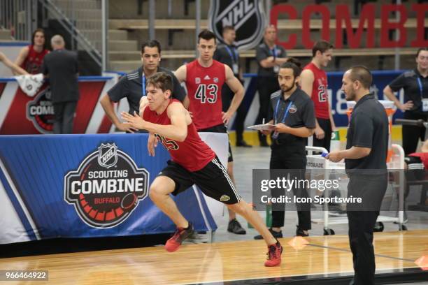 Xavier Bernard completes the pro agility test during the NHL Scouting Combine on June 2, 2018 at HarborCenter in Buffalo, New York.
